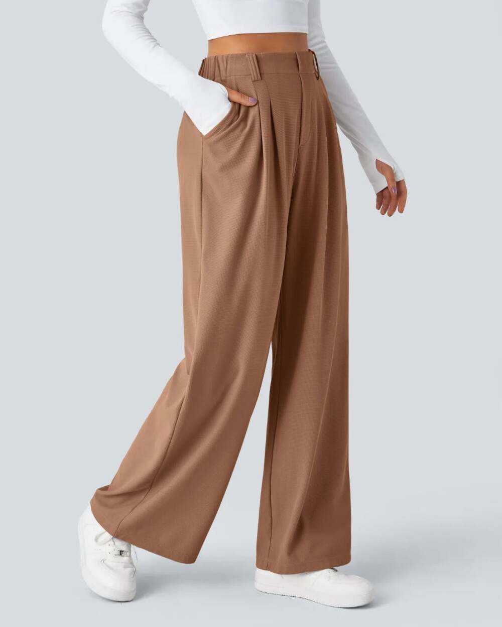 Halara Flex High Waisted Pocket Wide Leg Waffle Work Pants in Macchiato Size M